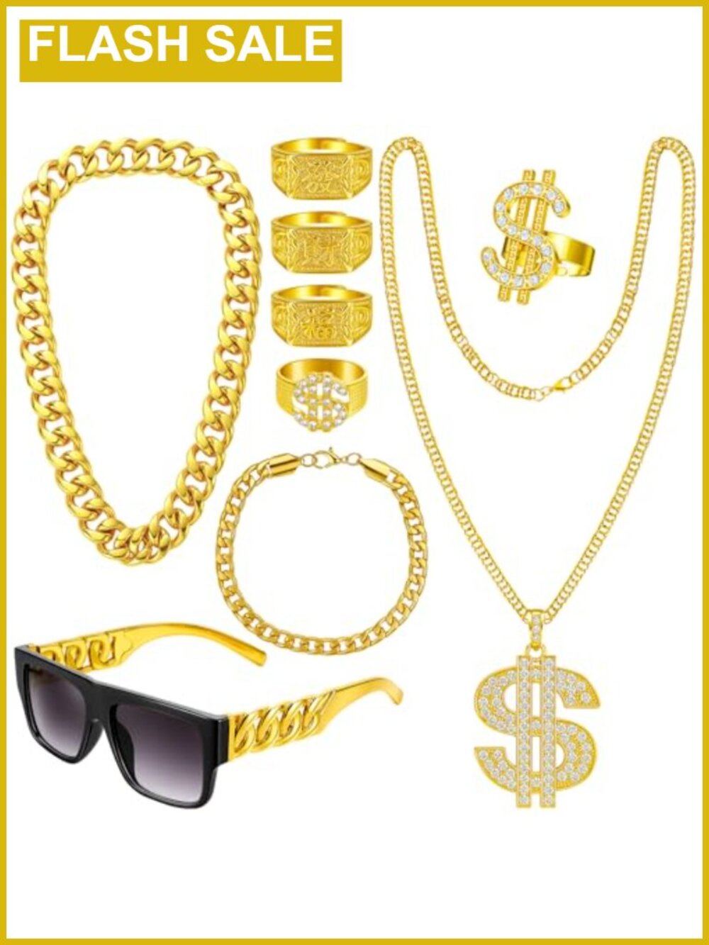 9pc Hip Hop Costume Kit Faux Gold Rope Chain Bracelet Dollar Sign Chain